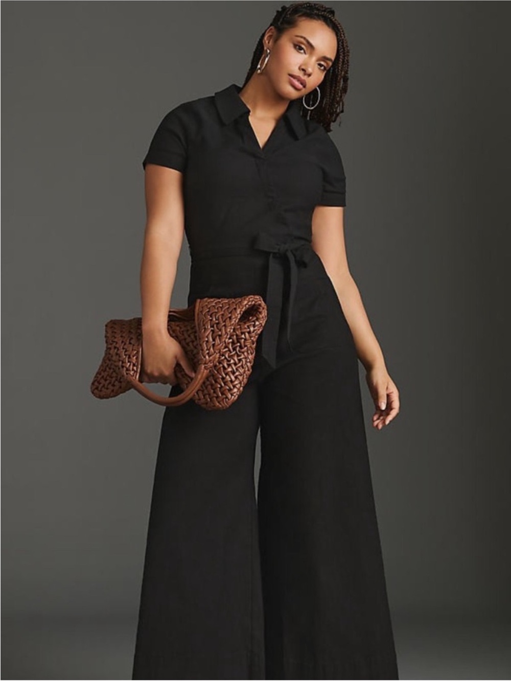Anthropologie Black Short-Sleeve Wide-Leg Tie-Waist Jumpsuit